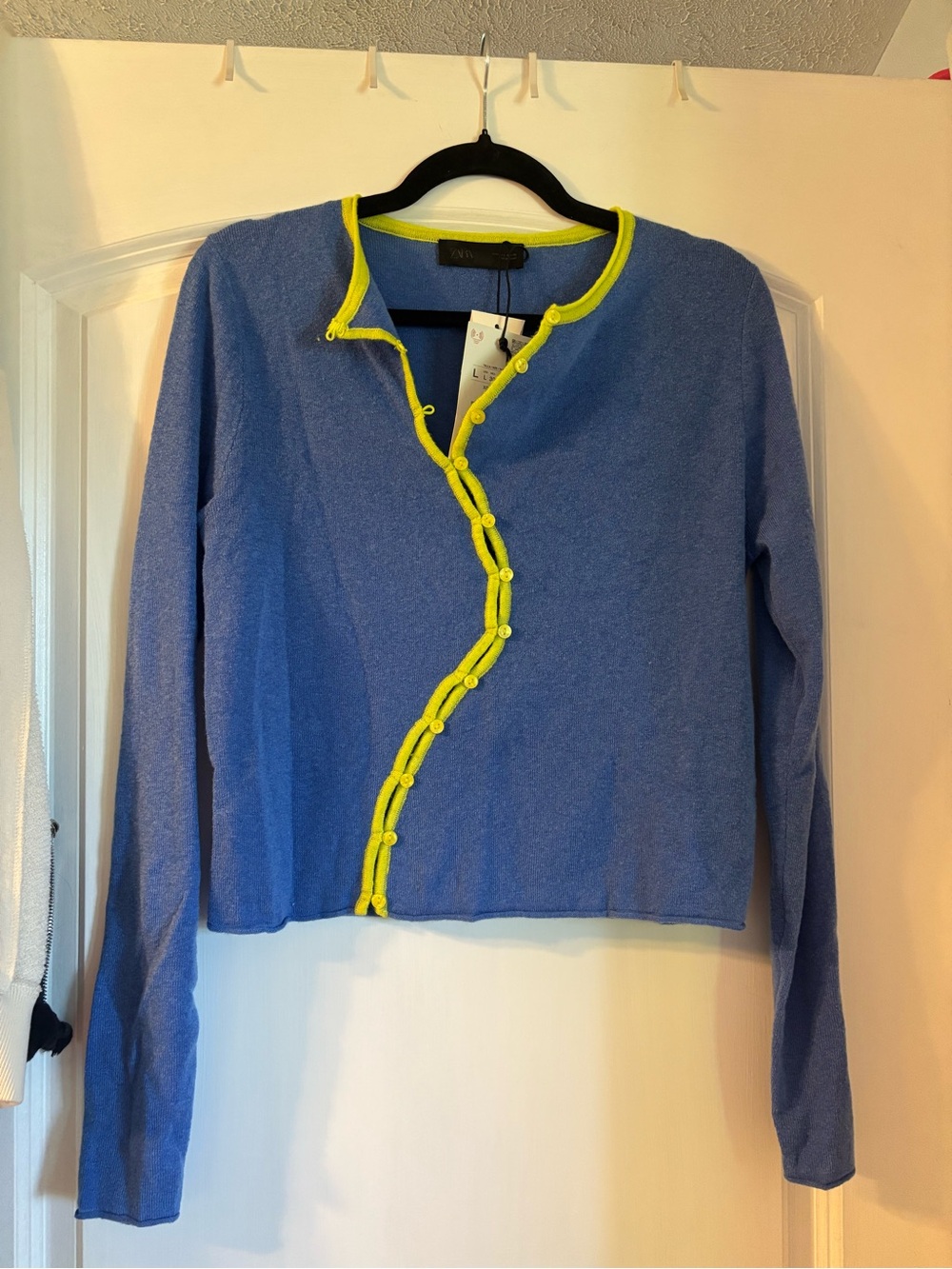 NWT Zara Blue Crewneck Cardigan with Yellow Trim